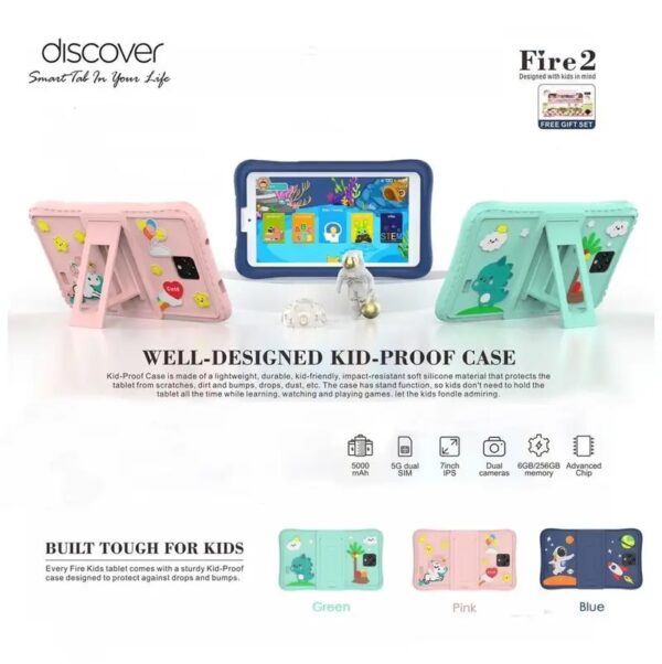 Discover Fire 2 Educational Kids Tablet 7 Inches 6GB RAM 256GB FREE Stationery Set, Screen Protector & KidProof Cover