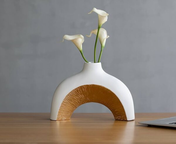 Hera Luxury Decor Modern Arched Ceramic White and Gold vase 8” Tall for Home, Living Room, Fireplace, Bedroom, Table Decor